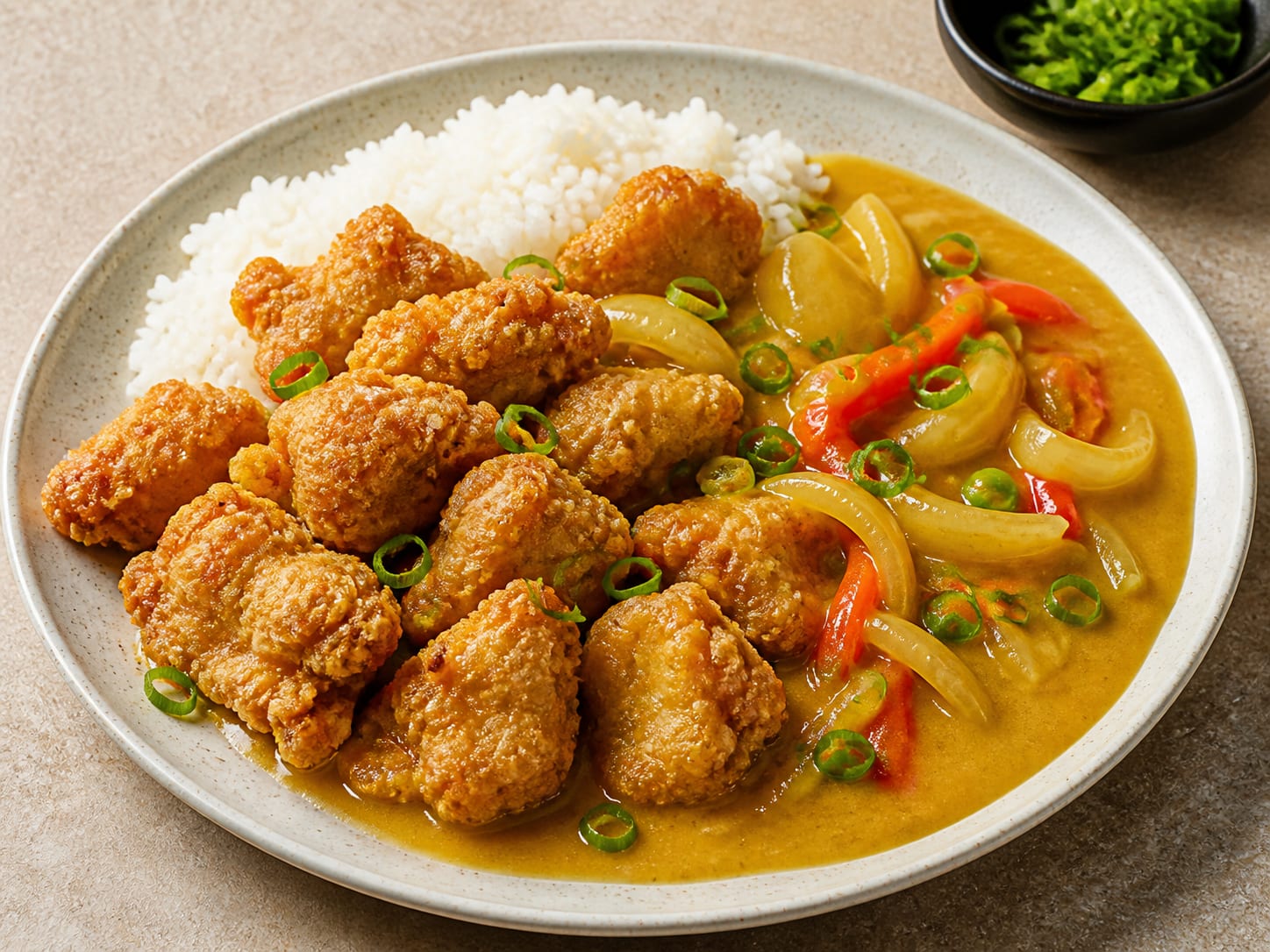 Geschnittenes goldbraunes Hähnchen neben Jasminreis und glänzendes gelbes chinesisches Restaurantcurry mit Zwiebeln, Karotten, roten Paprika und Erbsen