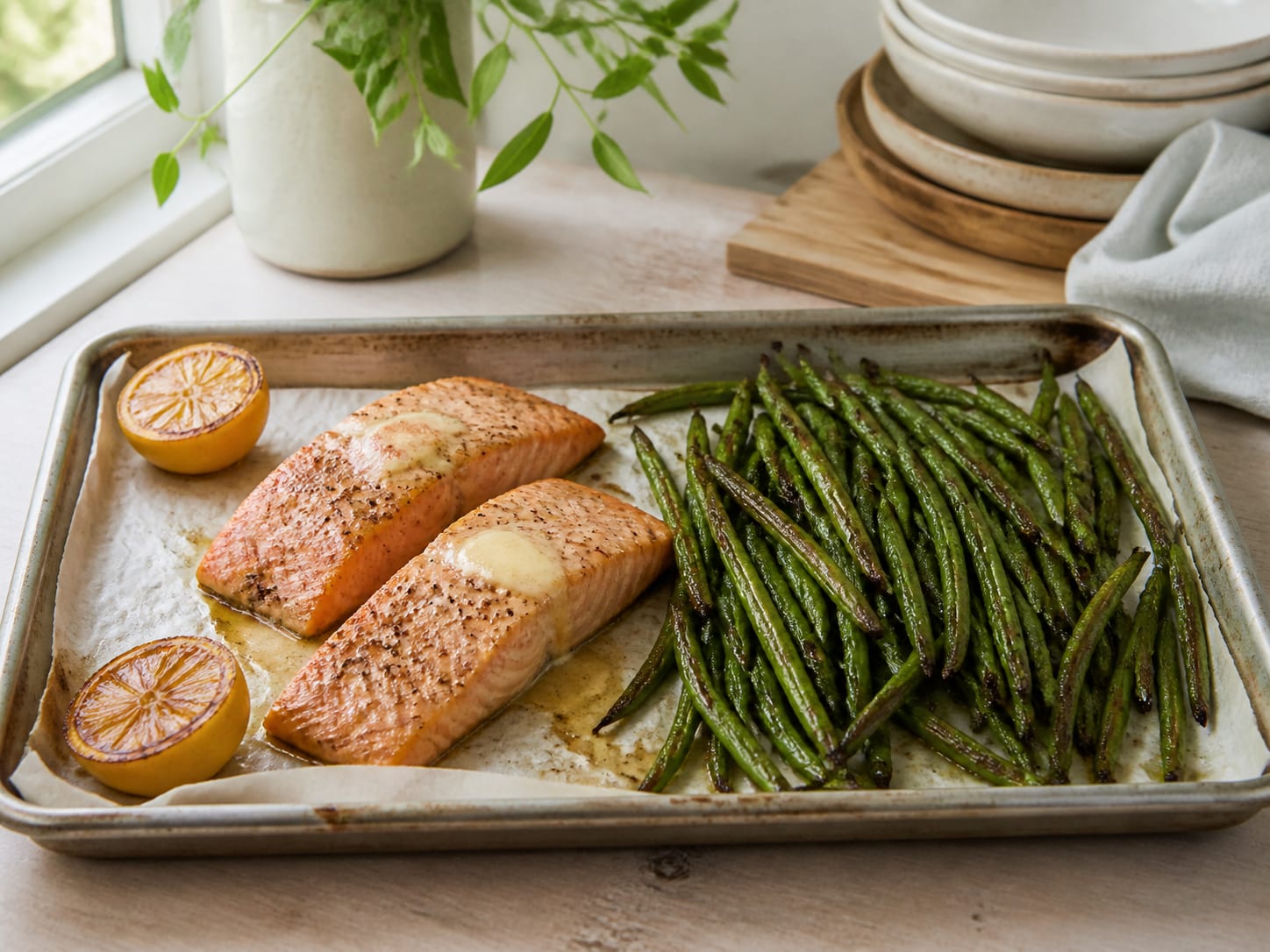Two salmon fillets and a bank of roasted green beans on a lined baking tray, lemon halves alongside, melting butter on the fish