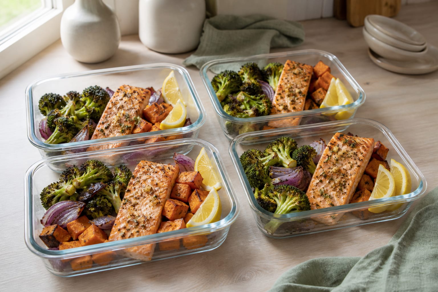 Four glass meal-prep containers with lemon-garlic salmon fillets, roasted sweet potato cubes, broccoli, and red onion on a pale kitchen table