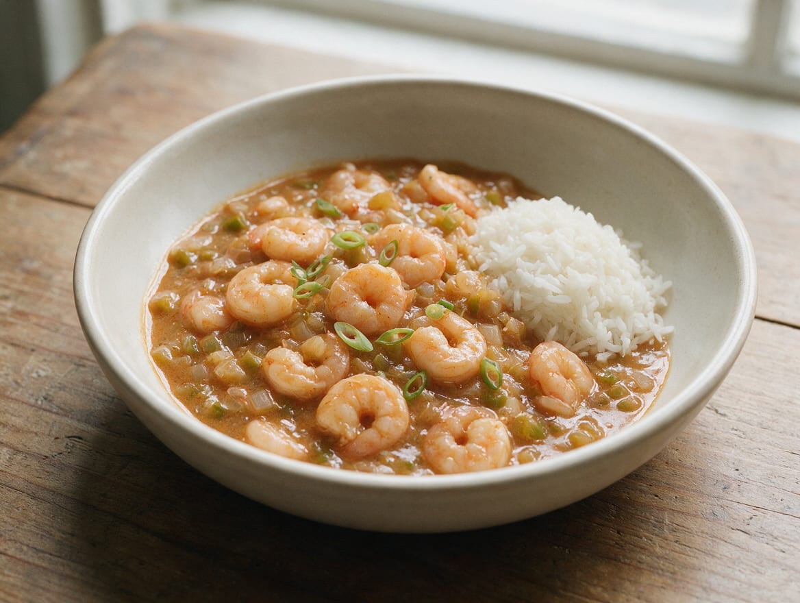 Abundant shrimp in pale copper gravy over a separate mound of white rice with finely diced trinity and restrained herbs