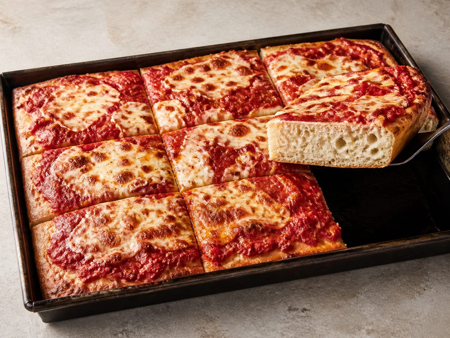 Dicke quadratische Scheiben sizilianischer Pizza, die eine luftige Krume und einen tief knusprigen Boden zeigen