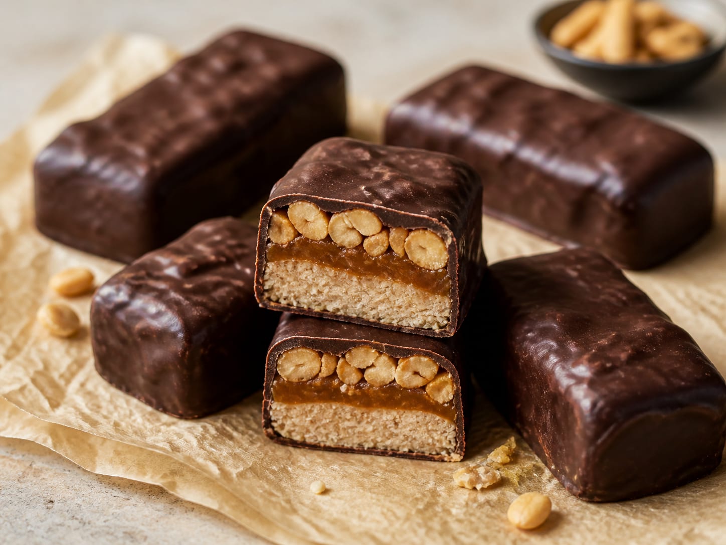 Six-ingredient Snickers-style bars arranged on parchment