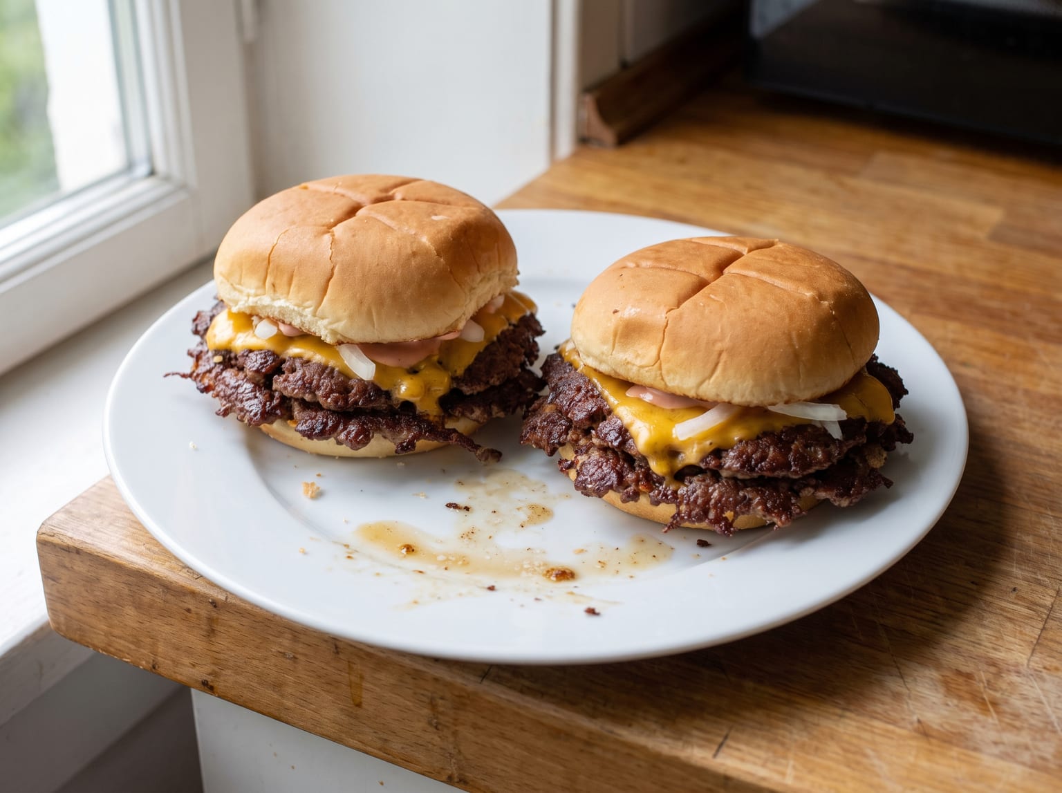 Two double smash burgers on a plate, thin beef patties with dark lacy craggy edges spilling past soft potato buns under melted cheddar