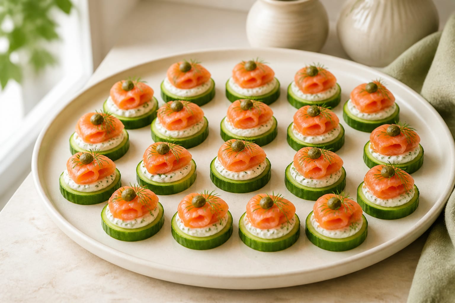 Twenty neat cucumber rounds topped with lemon-dill cream and folded smoked salmon on a pale ceramic platter in natural window light
