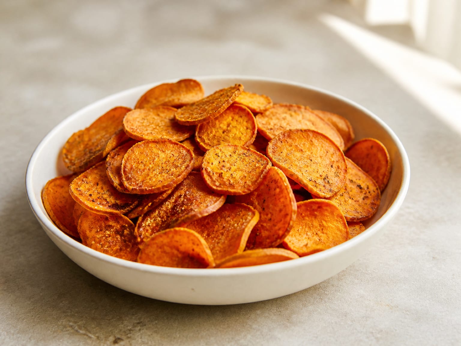Thin orange sweet-potato chips with smoky red seasoning and a fine dried lime coating
