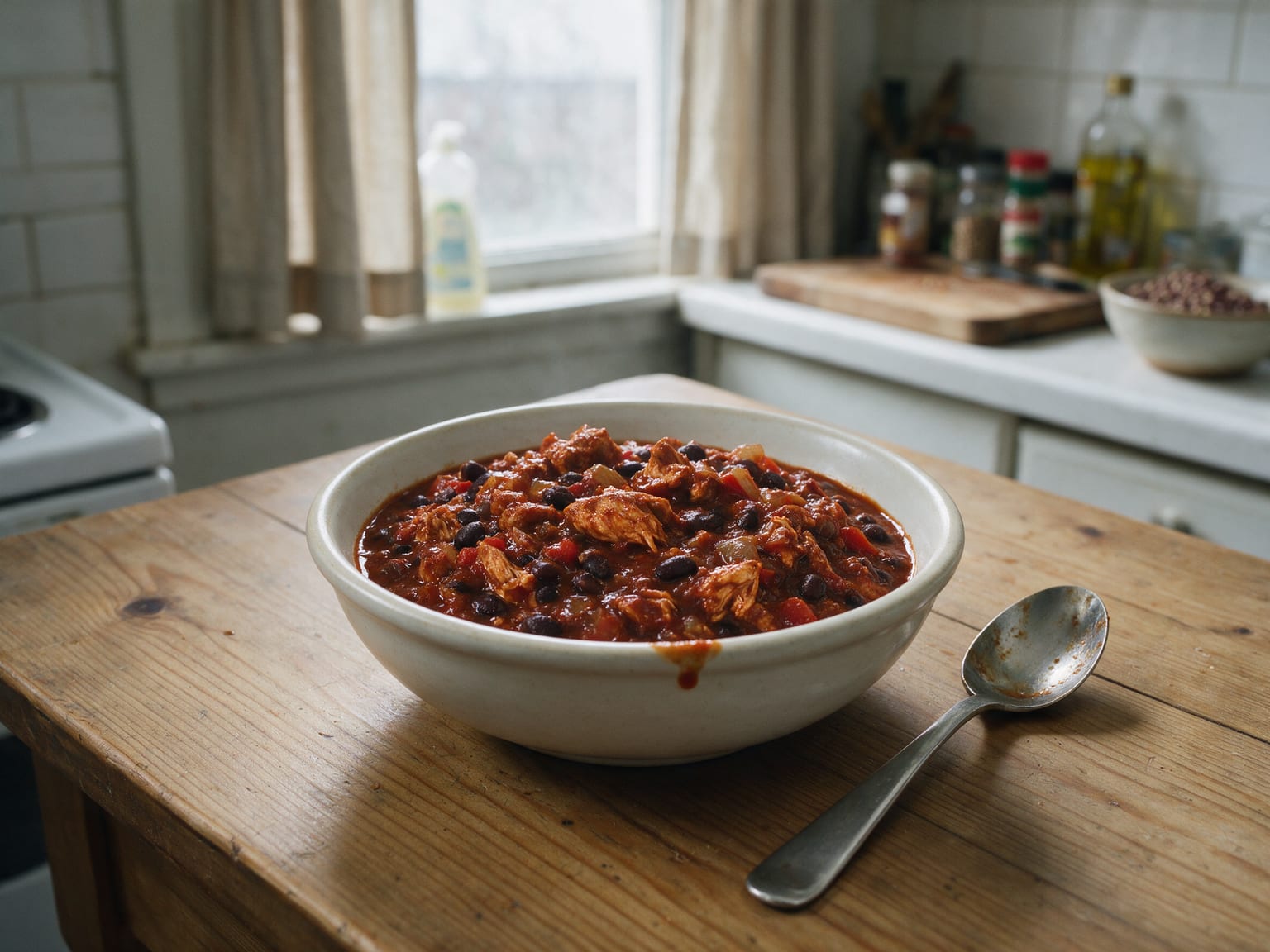Thick brick-red chili with browned ground chicken crumbles, black beans, and small red-pepper pieces in a bowl