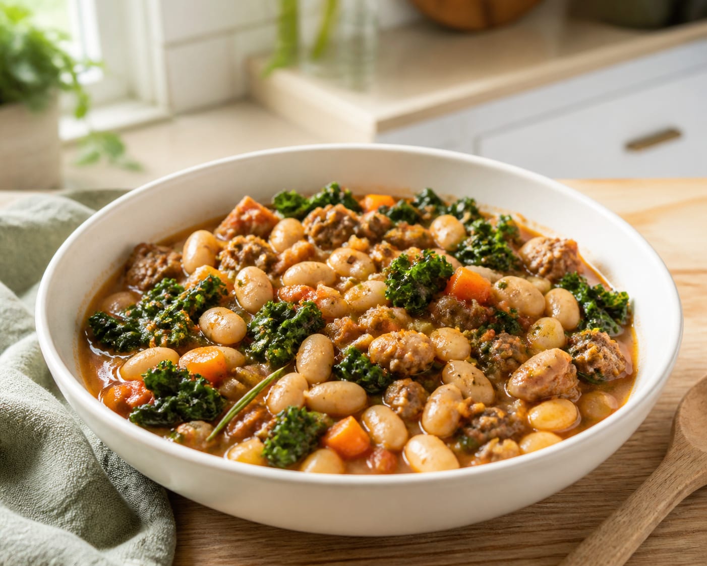 Thick white bean stew with dark green kale and browned sausage in a cream bowl, olive oil drizzled over, crusty bread beside it in natural light