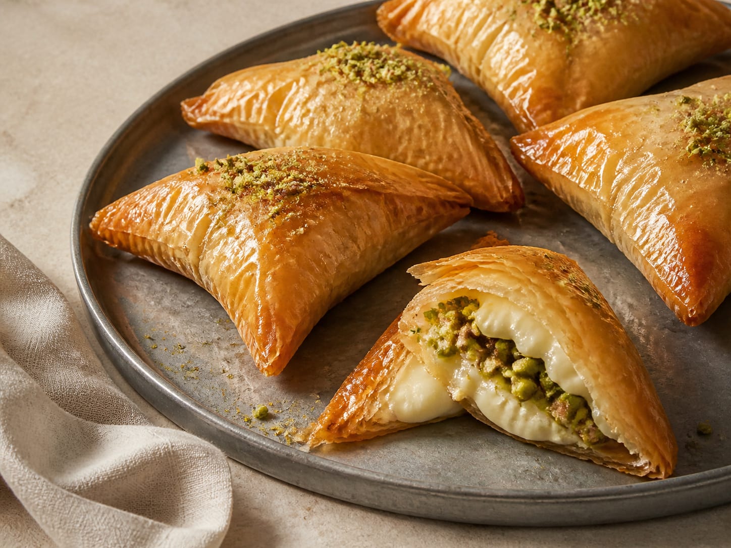 Şöbiyet: Pistazien- und Sahne-Baklava-Pakete, die als natürlich beleuchtetes redaktionelles Lebensmittelfoto serviert wurden