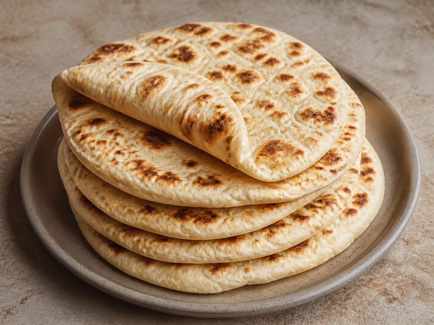 Weiche griechische Pita: Taschenlos und auf dem Herd gekocht, serviert als natürlich leichtes redaktionelles Essensfoto