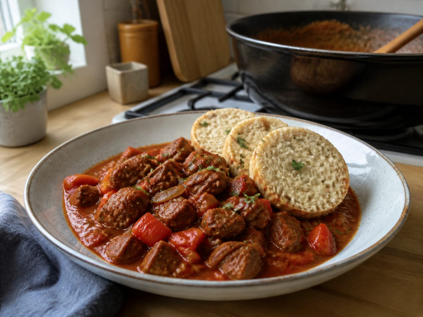 Soja-Gulasch mit Serviettenknödel, zum Servieren angerichtet