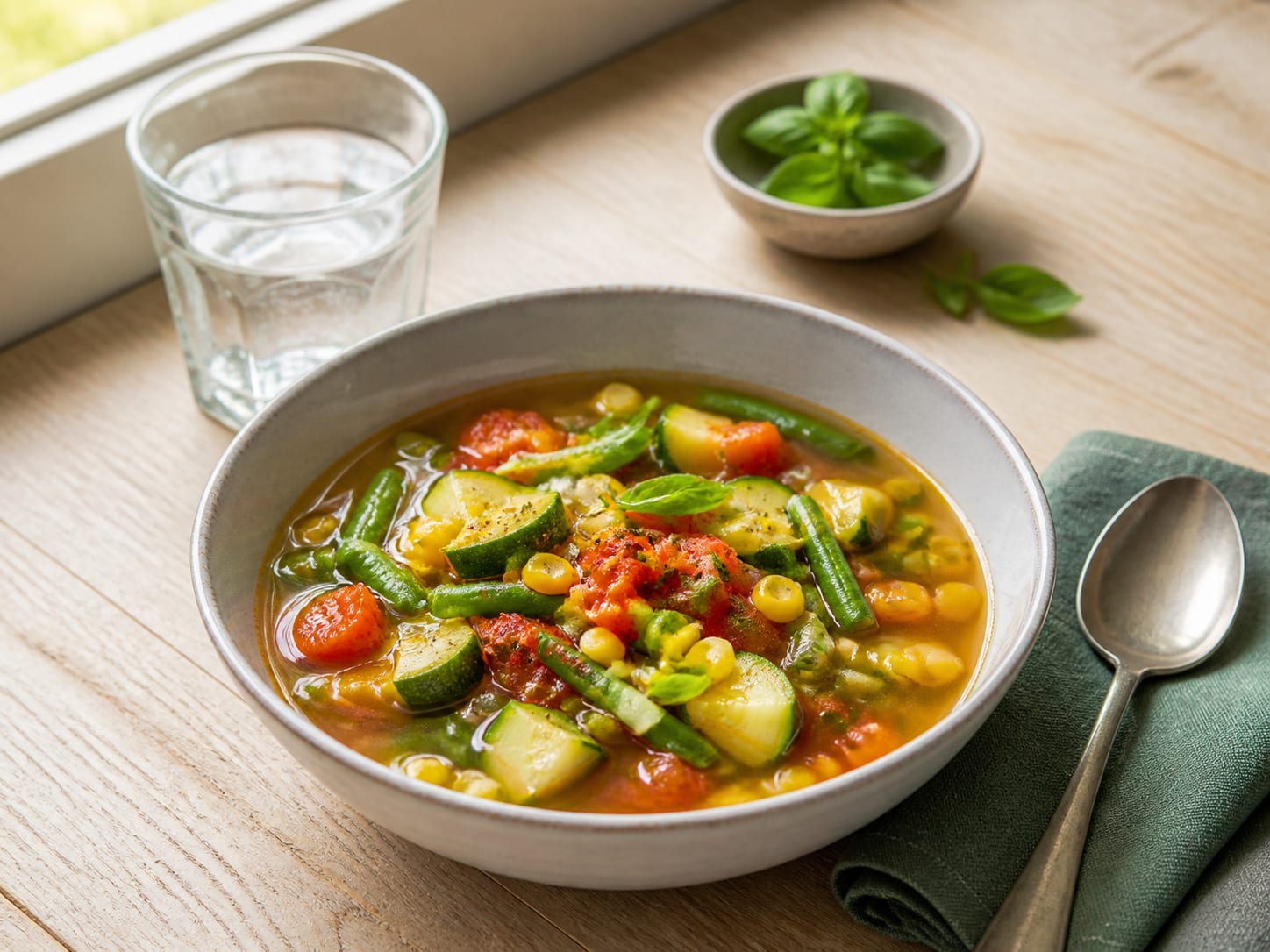 Sommerliche Gemüsesuppe, plated for serving