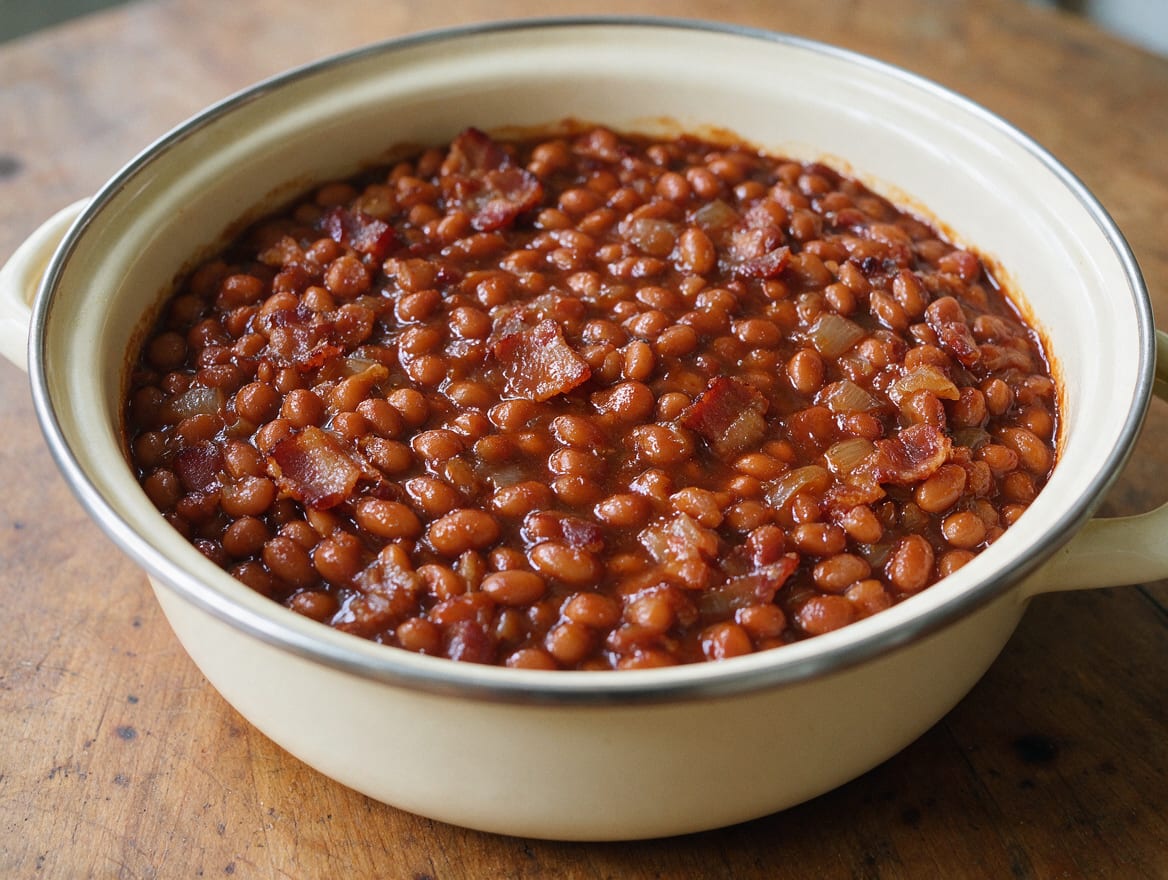 Glossy dark amber-red navy beans with bacon and small onion pieces in an oven-safe casserole