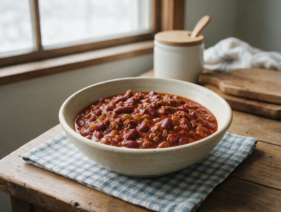 Thick rusty-red chili with finely crumbled ground beef, red kidney beans, and small green-pepper pieces