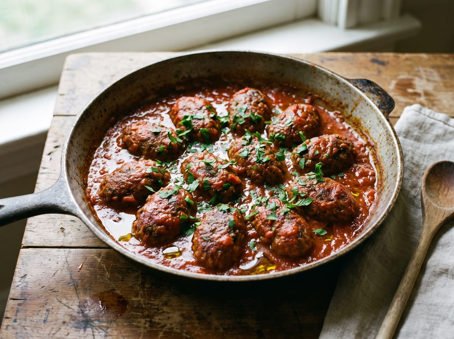 Ovale griechische Rinderfleischbällchen in dicker roter Tomatensauce in einer flachen Pfanne, mit gehackter Petersilie bestreut