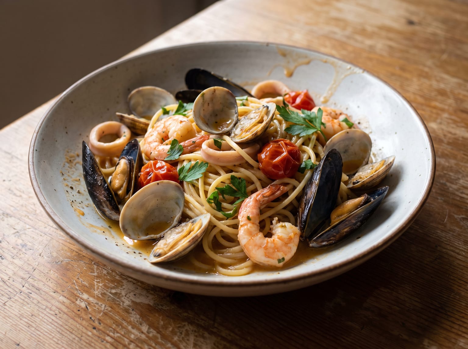 Spaghetti tossed with clams and mussels in their shells, prawns and rings of squid, flecked with parsley and burst cherry tomatoes