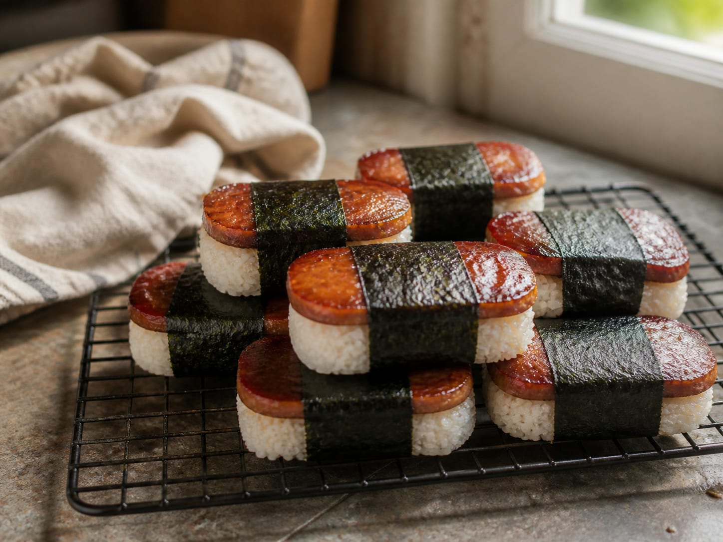 A row of Spam musubi on a plate, each with a glossy glazed Spam slice on a rice block wrapped in a nori strip