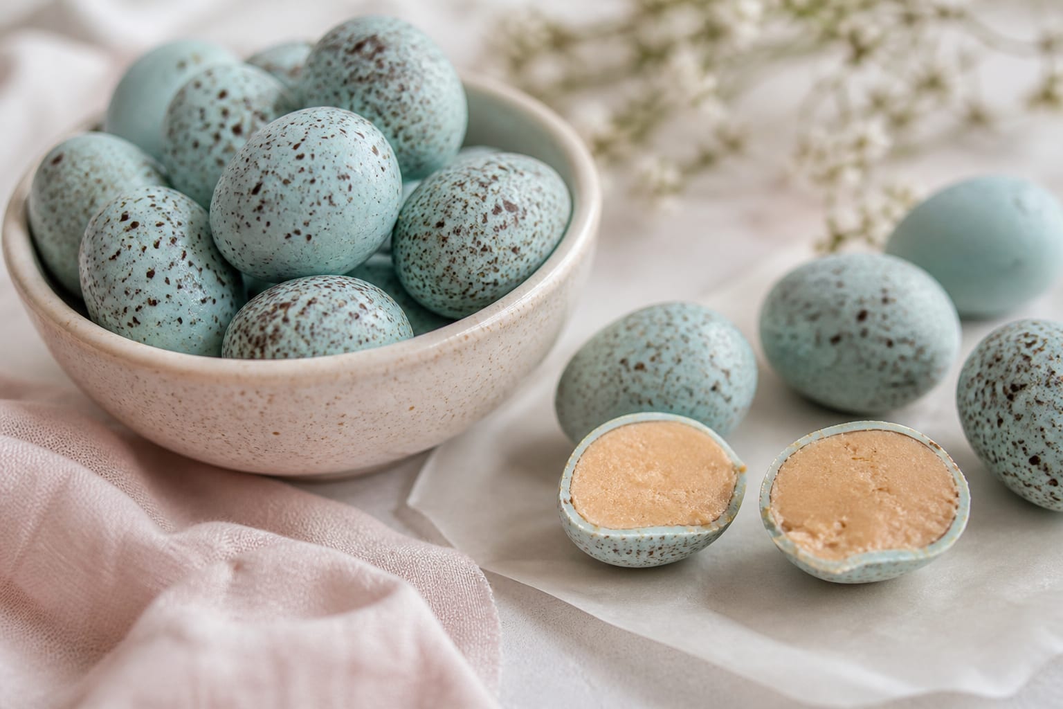 Speckled peanut-butter egg truffles arranged for serving