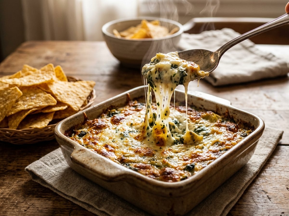 A small baking dish of bubbling browned spinach and artichoke dip with a spoon lifting a stretchy string of cheese, tortilla chips at the side