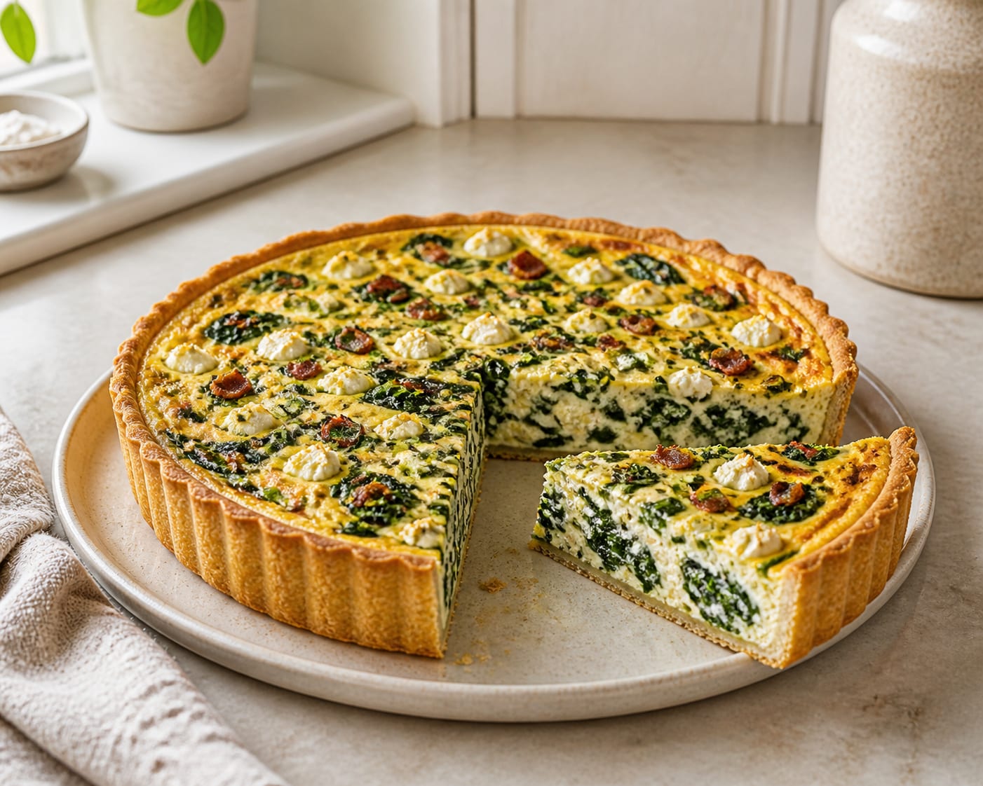 A slice of spinach quiche on a cream plate in natural light, dark green spinach and white crumbled feta set in a pale custard inside a golden shortcrust shell