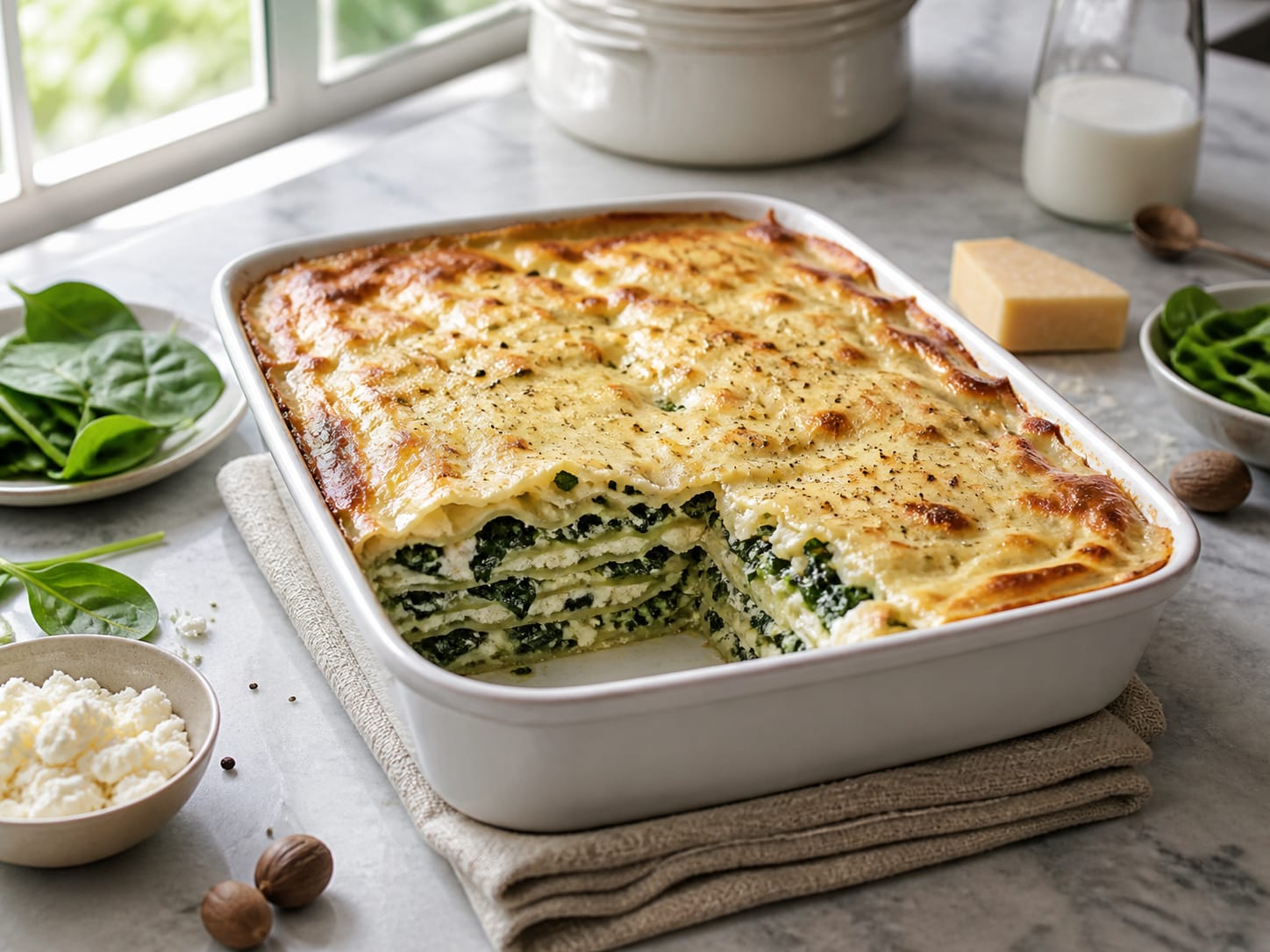 Spinat-Feta-Lasagne, plated for serving