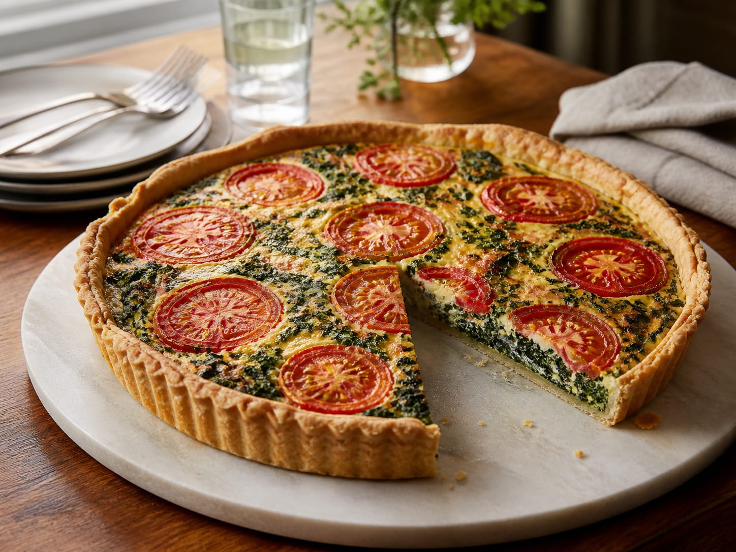 Spinat-Tomaten-Quiche, plated for serving