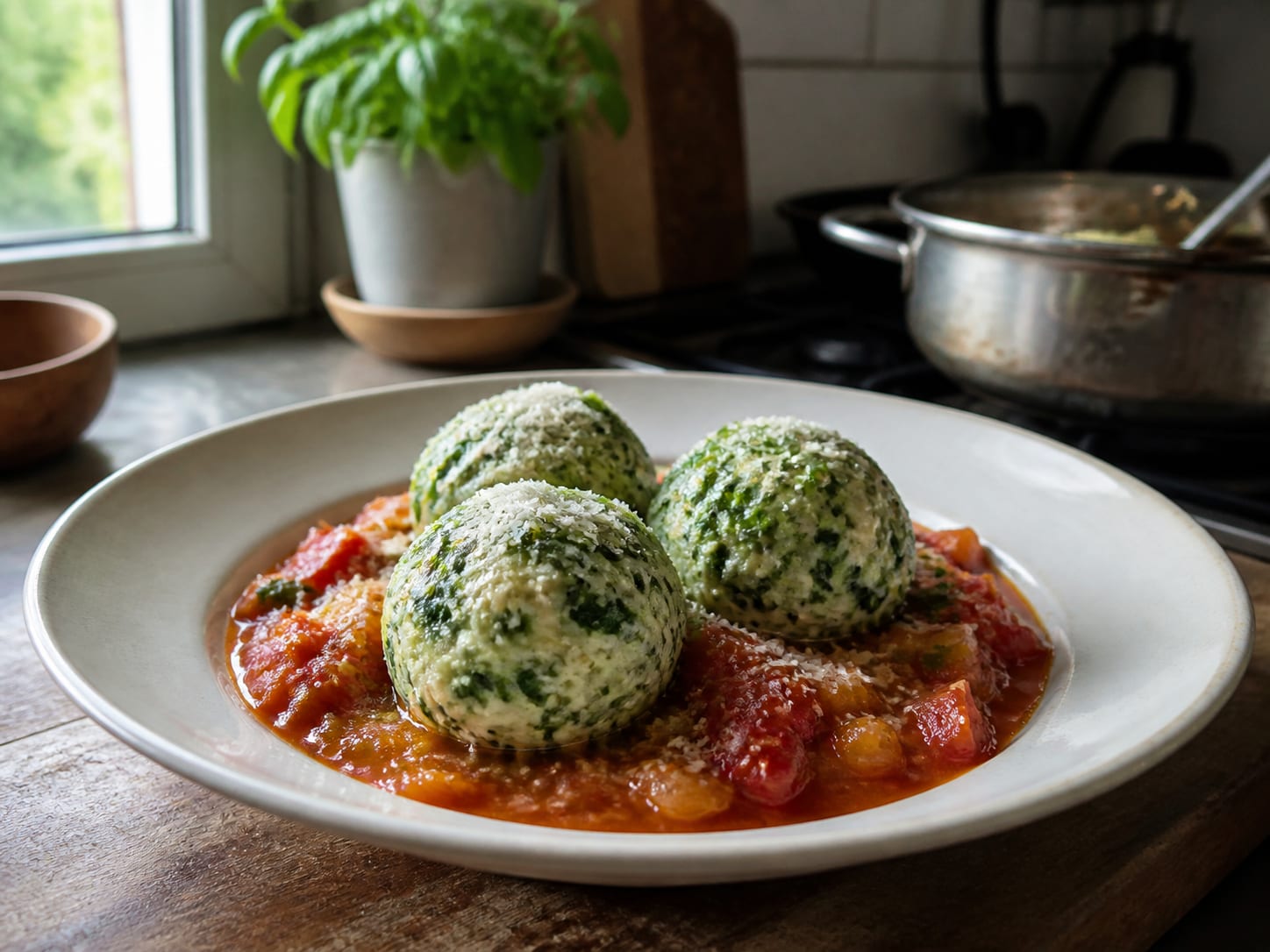 Spinatknödel auf Tomatenragout, plated for serving