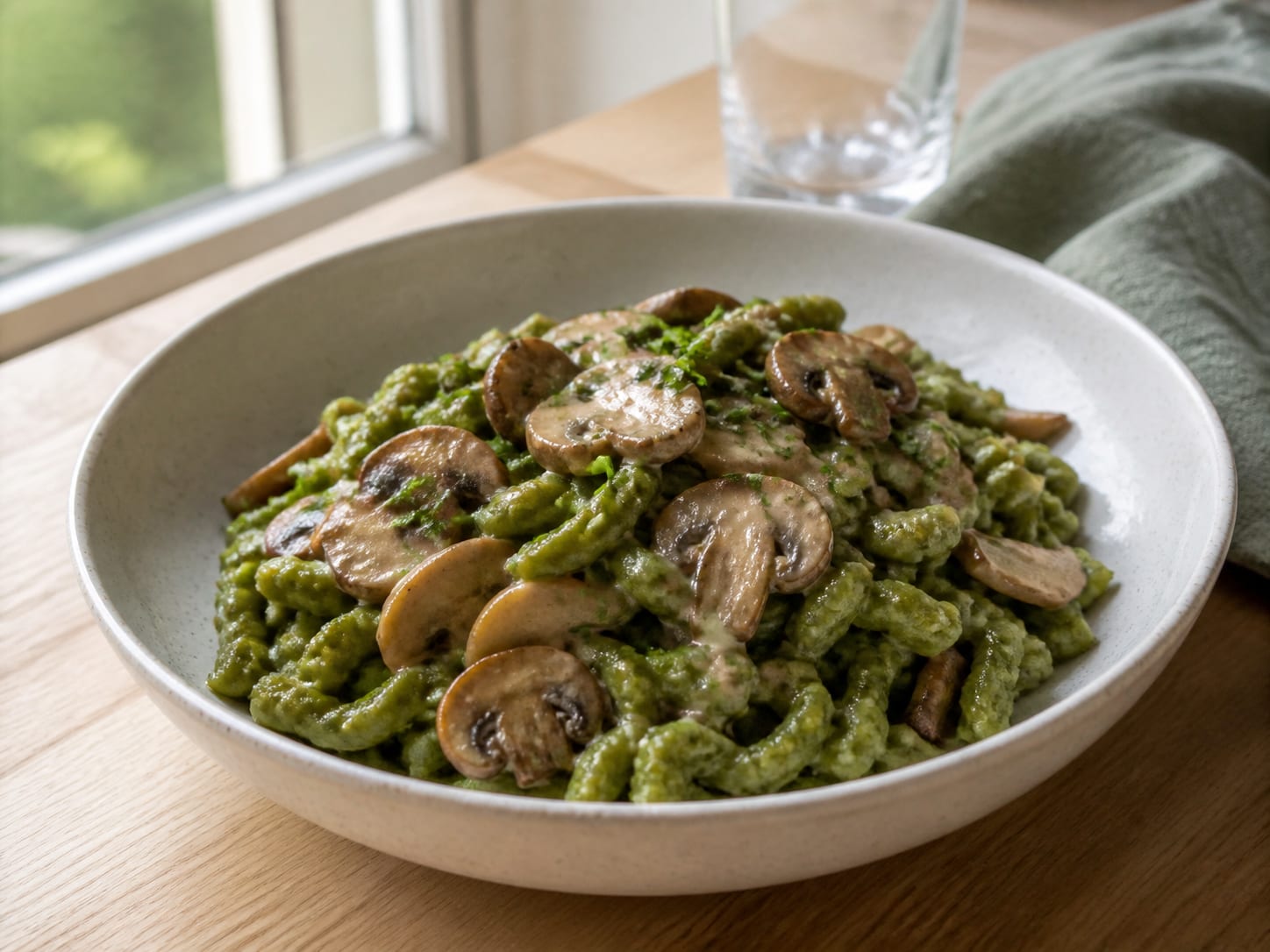 Spinatspätzle mit Champignonsauce, plated for serving