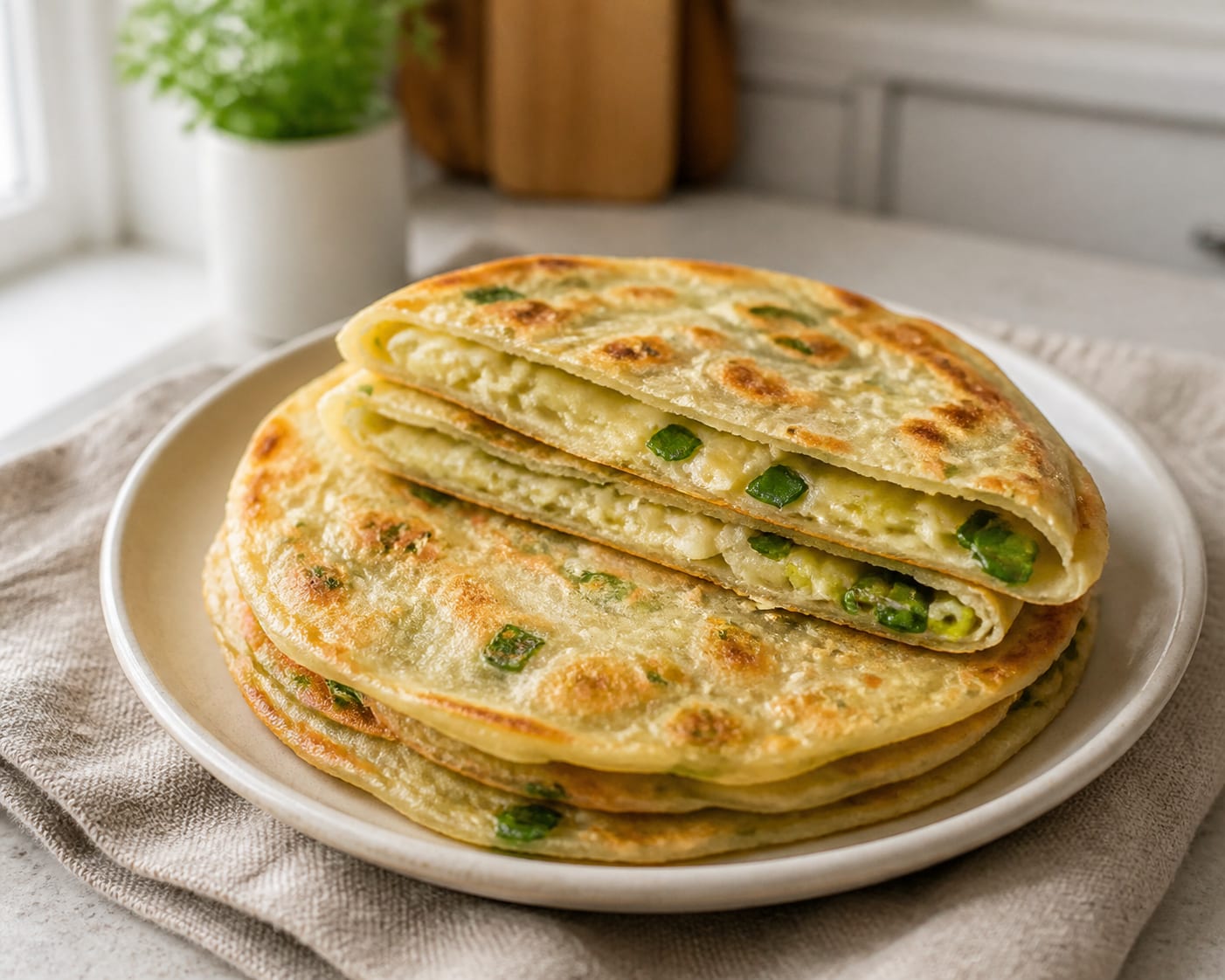 Spring-onion and cheese roti served as a natural-light editorial food photograph