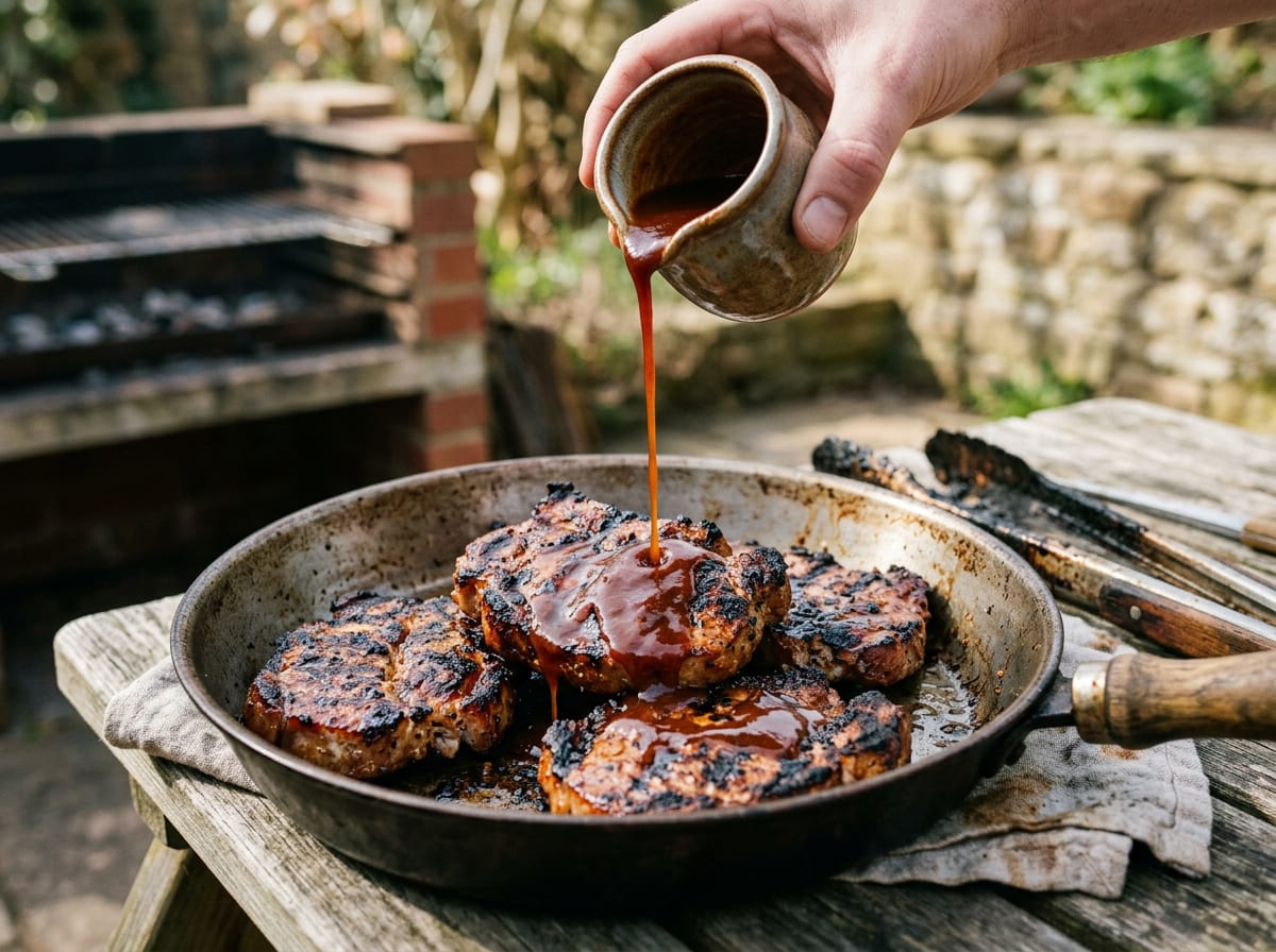 Ein Kännchen mit dünner, gießfähiger rotbrauner Barbecuesauce, die über gegrillte Schweinesteaks in einer flachen Pfanne gegossen wird