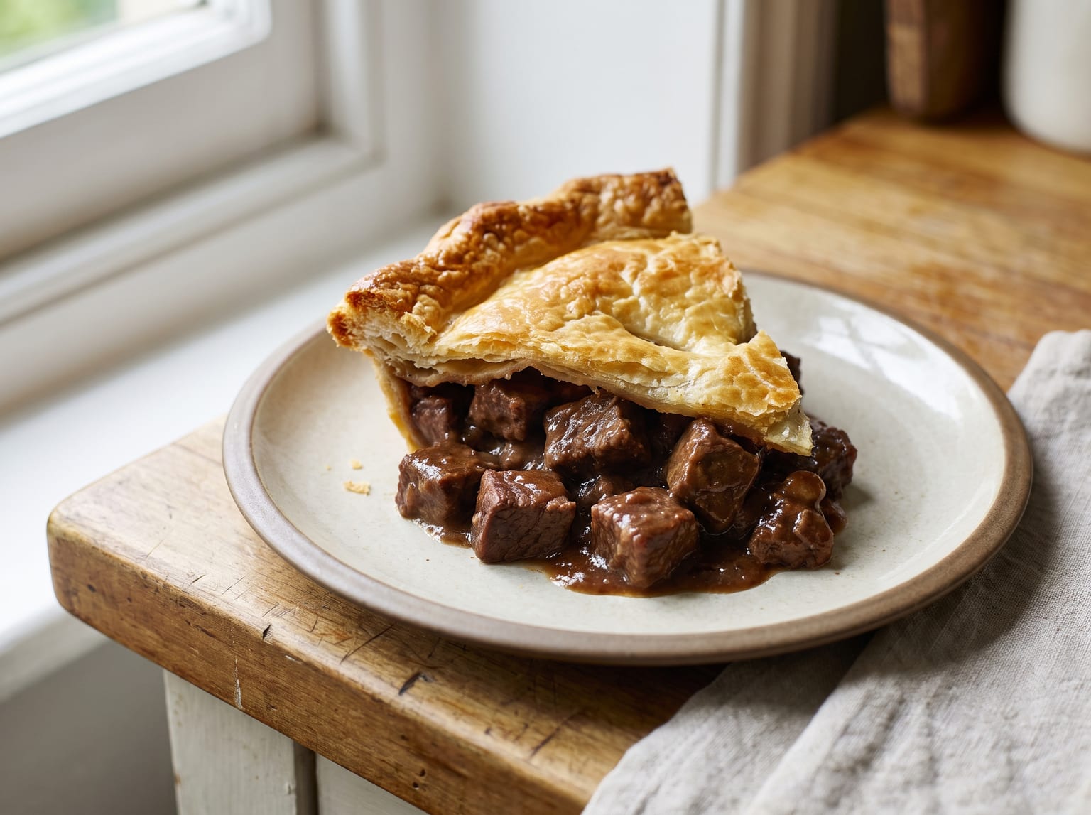 A slice of steak and kidney pie on a plate, showing chunky braised beef in dark gravy under a golden puff pastry lid