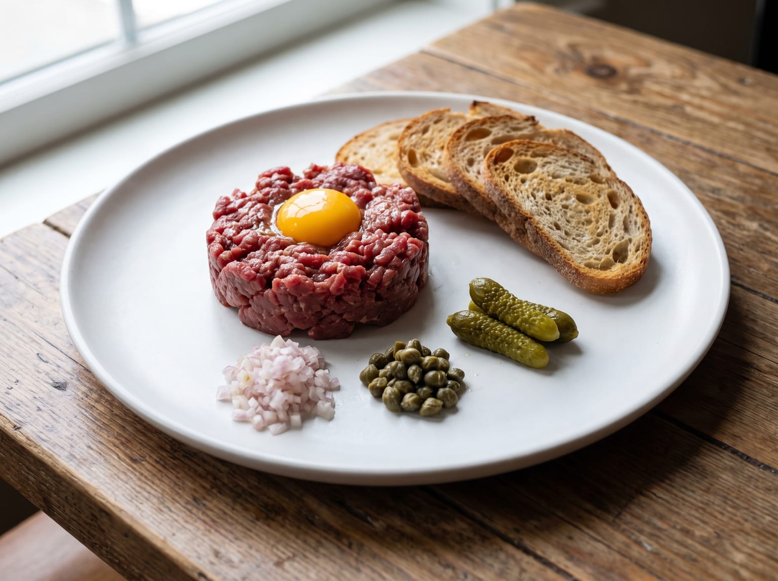 Ein Häufchen von Hand geschnittenes rohes Rindfleisch auf einem weißen Teller mit einem Eigelb obenauf, daneben kleine Häufchen Schalotten, Kapern und Cornichons sowie geröstetes Brot