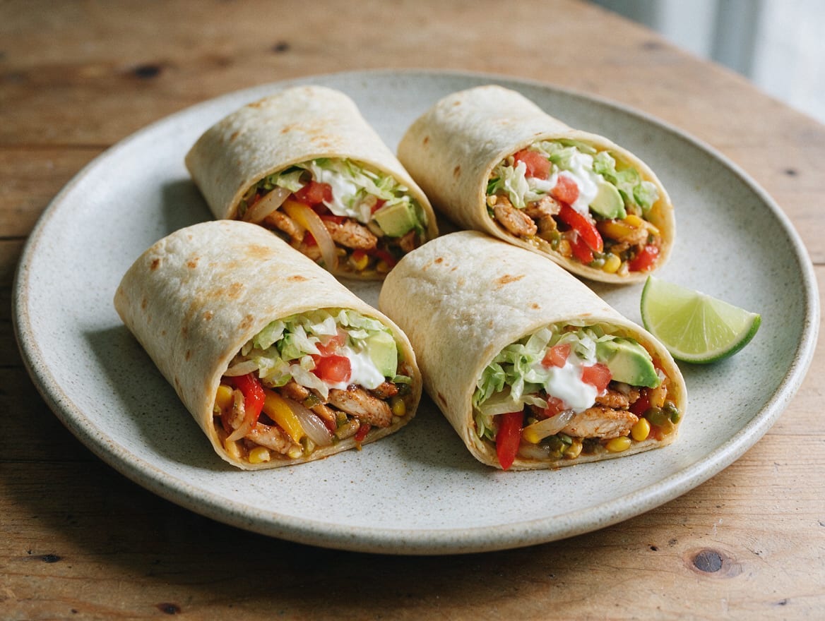 Two cut chicken fajita wraps filled with red and yellow peppers, corn, lettuce, tomato, yogurt, and avocado, with no cheese