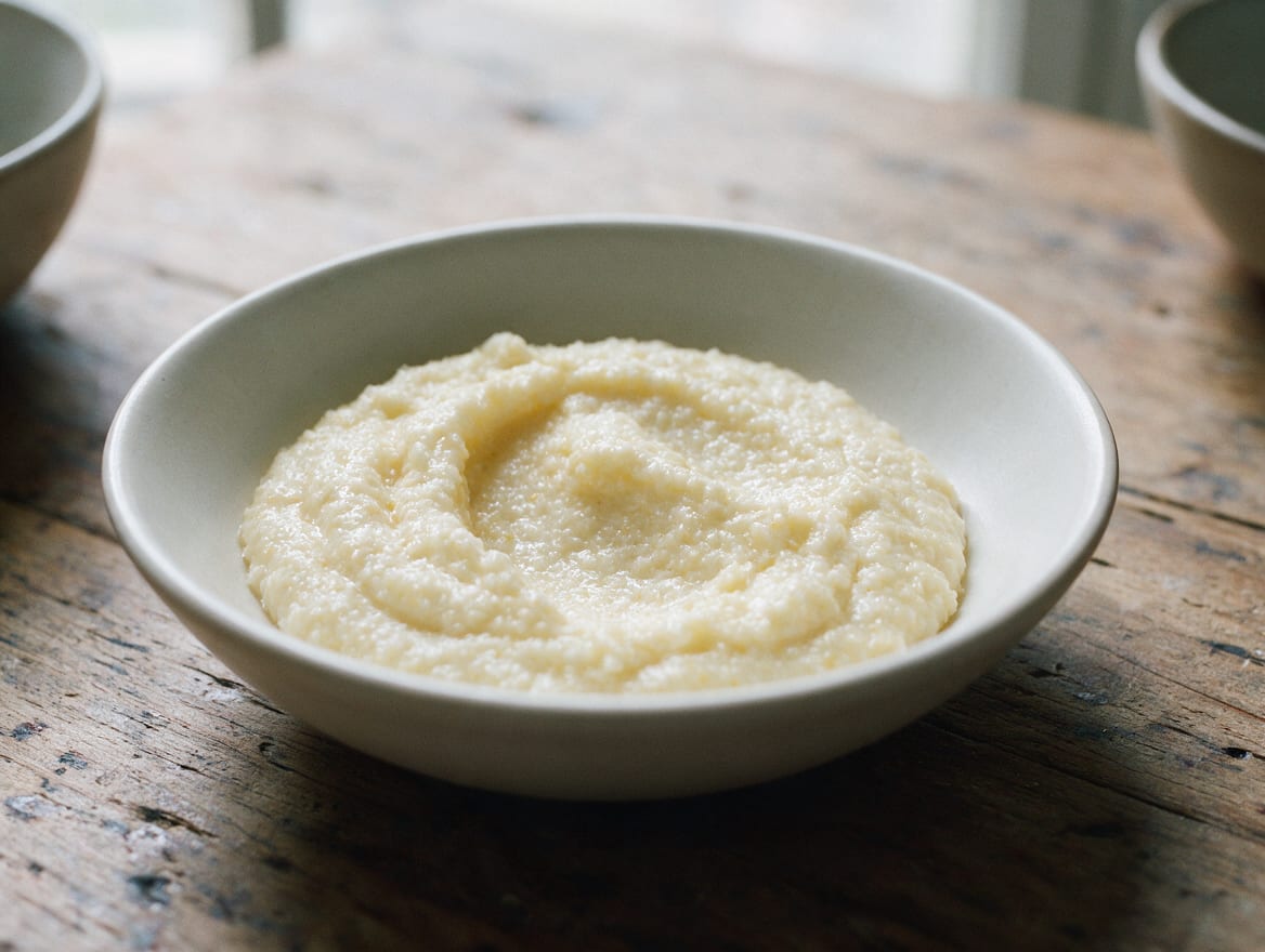 Creamy ivory coarse grits with a faint cheddar tint and a spoon furrow in a shallow bowl