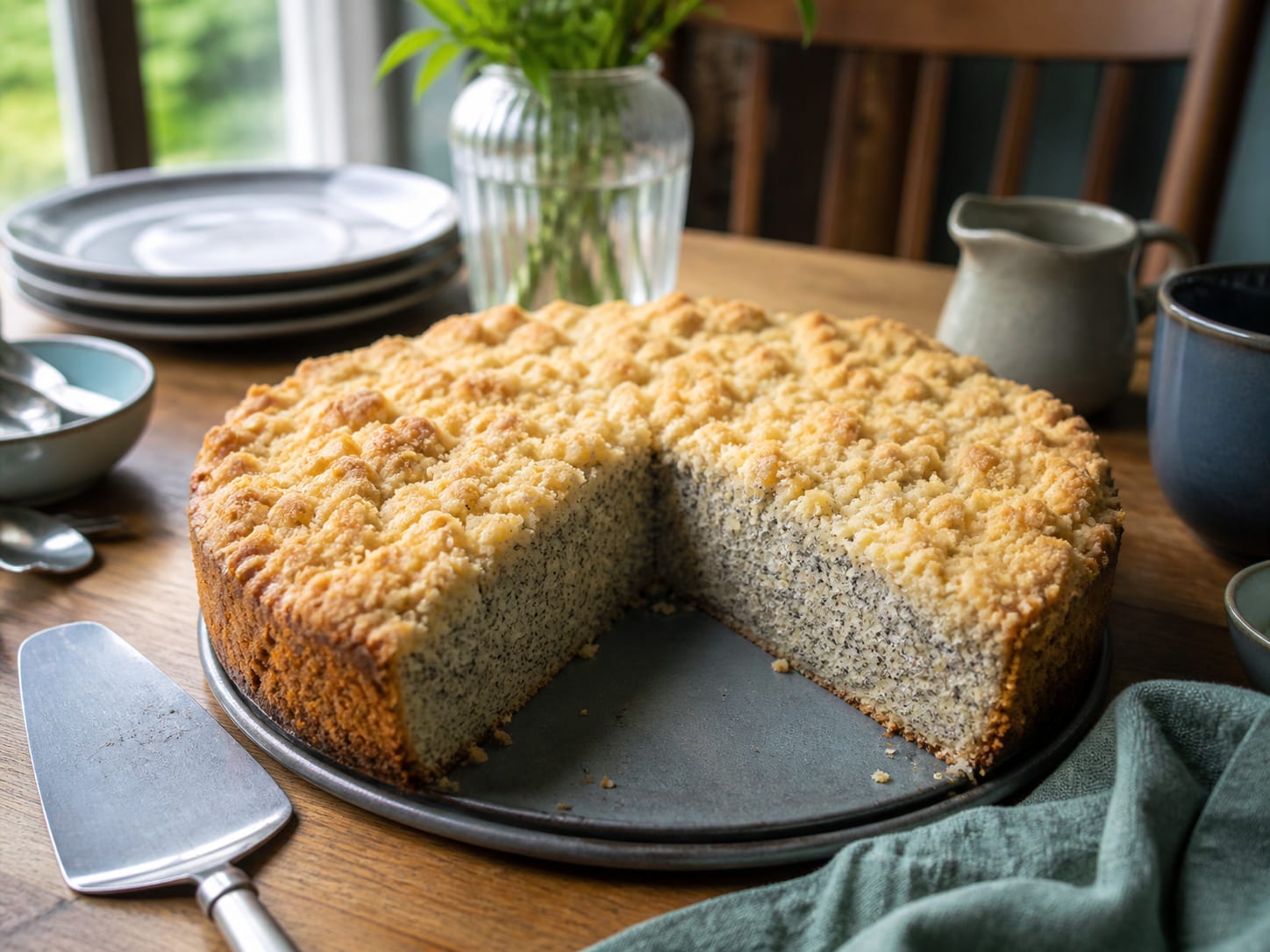 Streusel-Mohn-Käsekuchen, plated for serving