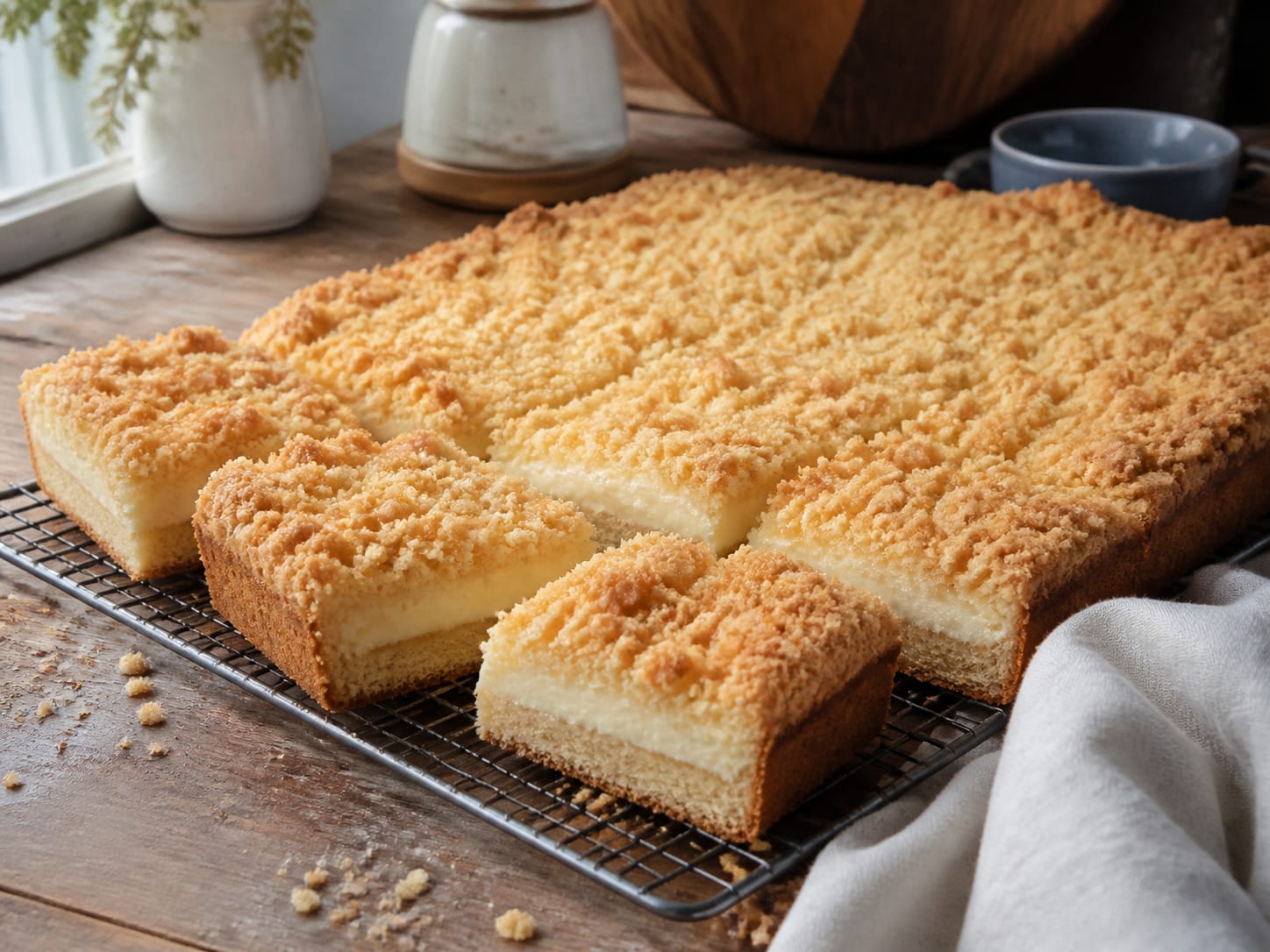 Streuselkuchen mit Quarkfüllung, plated for serving