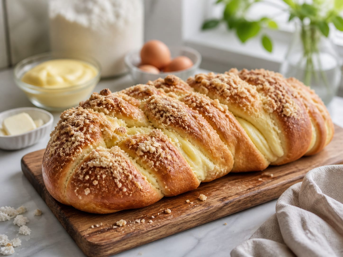 Streuselzopf, plated for serving