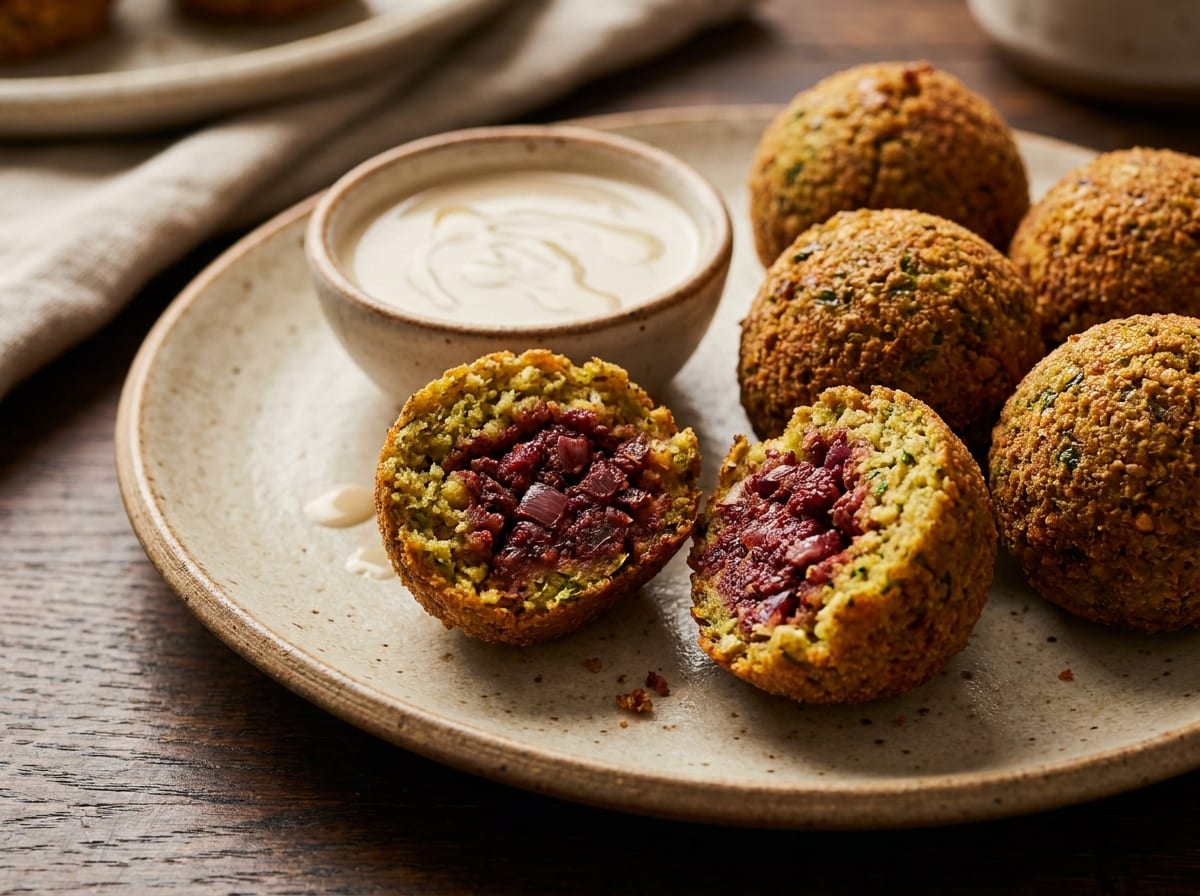 Eine halbierte Falafel mit sichtbarer, sumachgefärbter Zwiebelfüllung in der Mitte, weitere ganze Falafel und Tahini-Sauce daneben