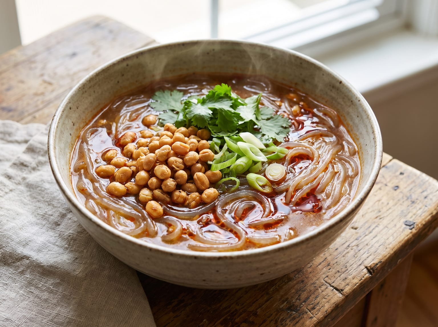 A bowl of hot and sour glass noodle soup topped with crispy fried soybeans and cilantro