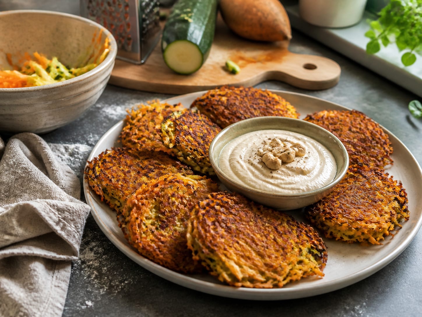 Süßkartoffel-Zucchini-Rösti mit Cashewdip, plated for serving