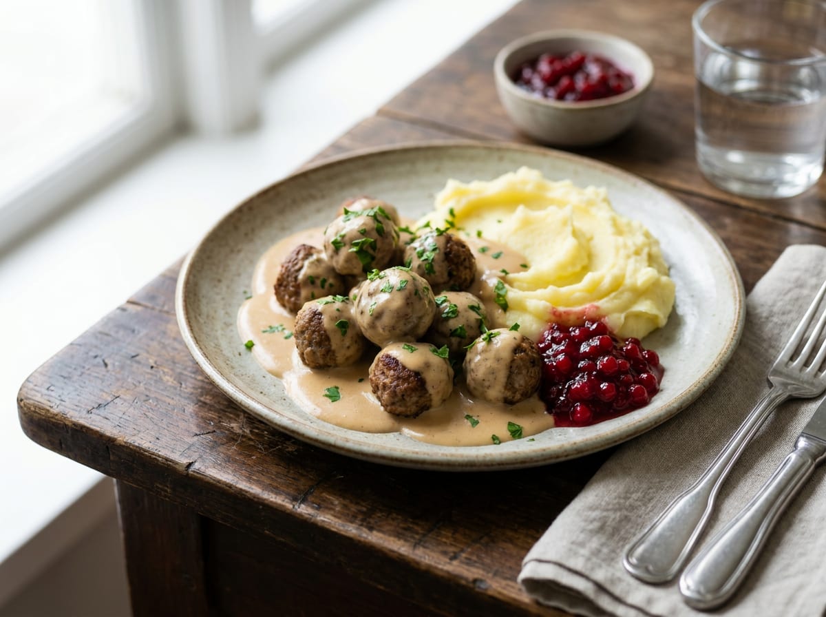 Swedish meatballs in a pale creamy gravy on a plate beside mashed potatoes and a spoonful of lingonberry jam