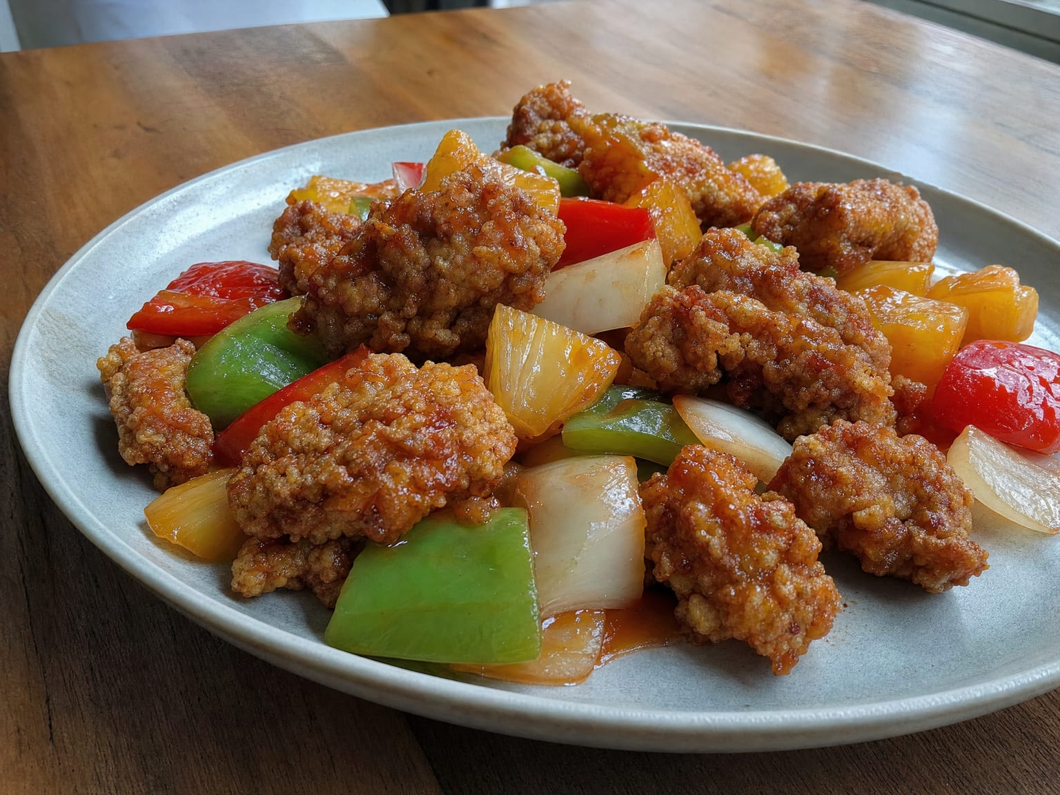 Crisp battered sweet and sour pork in glossy red sauce with pepper squares and pineapple
