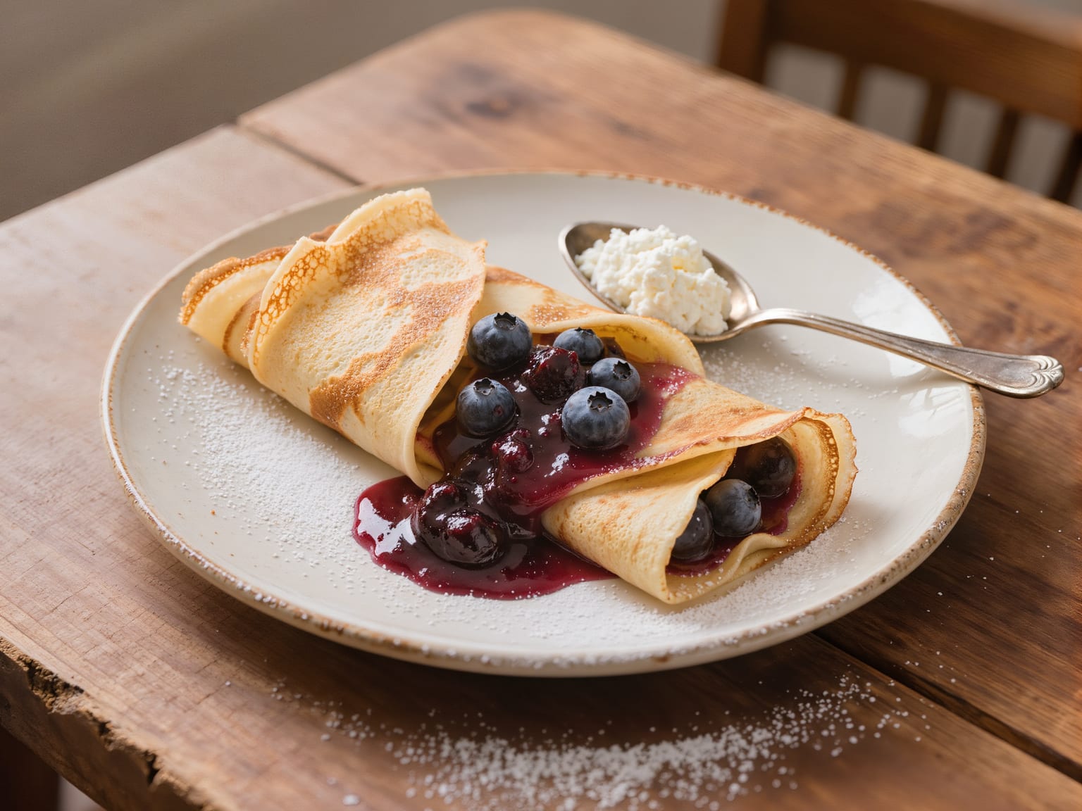 A folded sweet pancake with warm blueberry compote spilling out and a spoonful of cottage cheese beside it