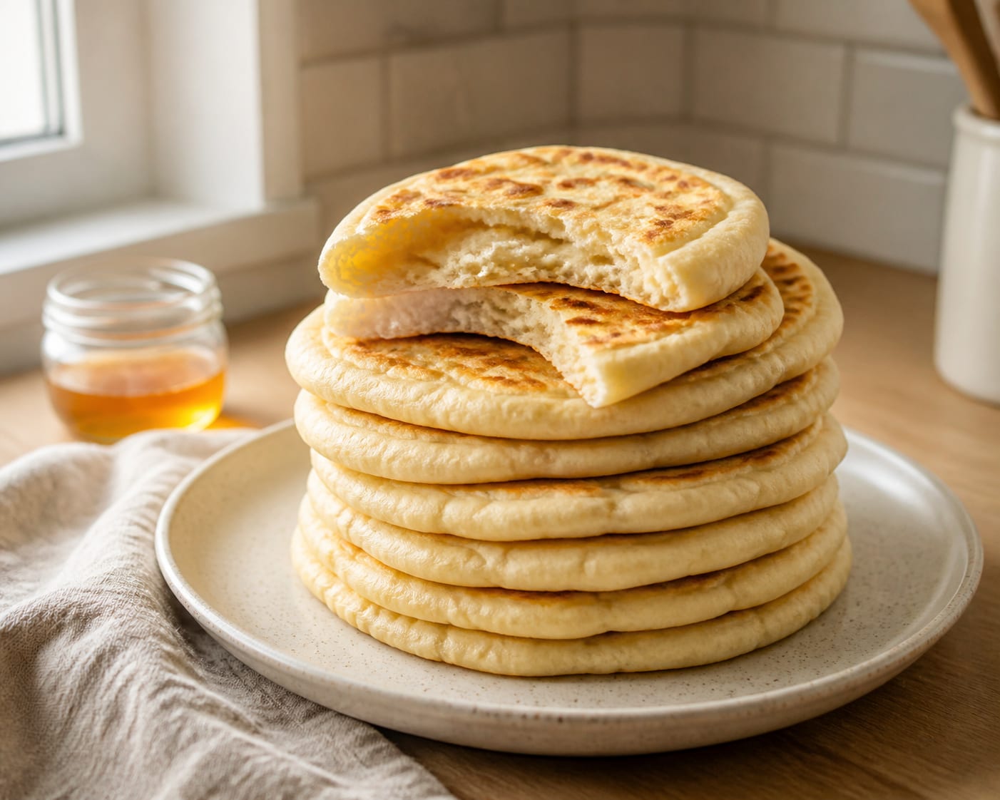 Sweet hot-milk skillet flatbreads served as a natural-light editorial food photograph