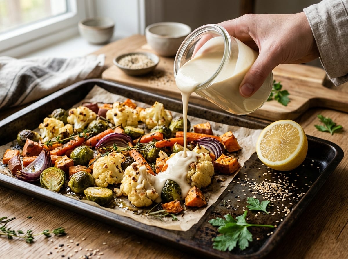 A jar of pale ivory tahini dressing pouring in a smooth ribbon over roasted vegetables, with a lemon half and sesame seeds beside it