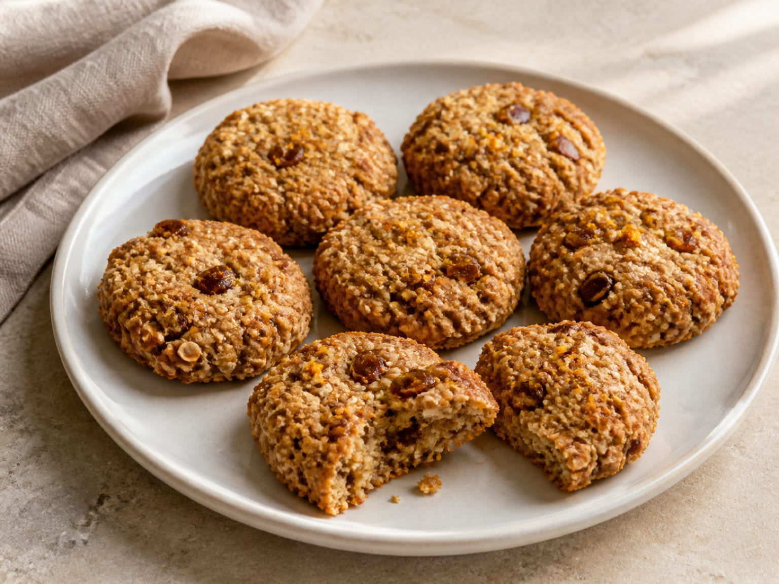 Soft round oat cookies with visible dates and sesame on parchment