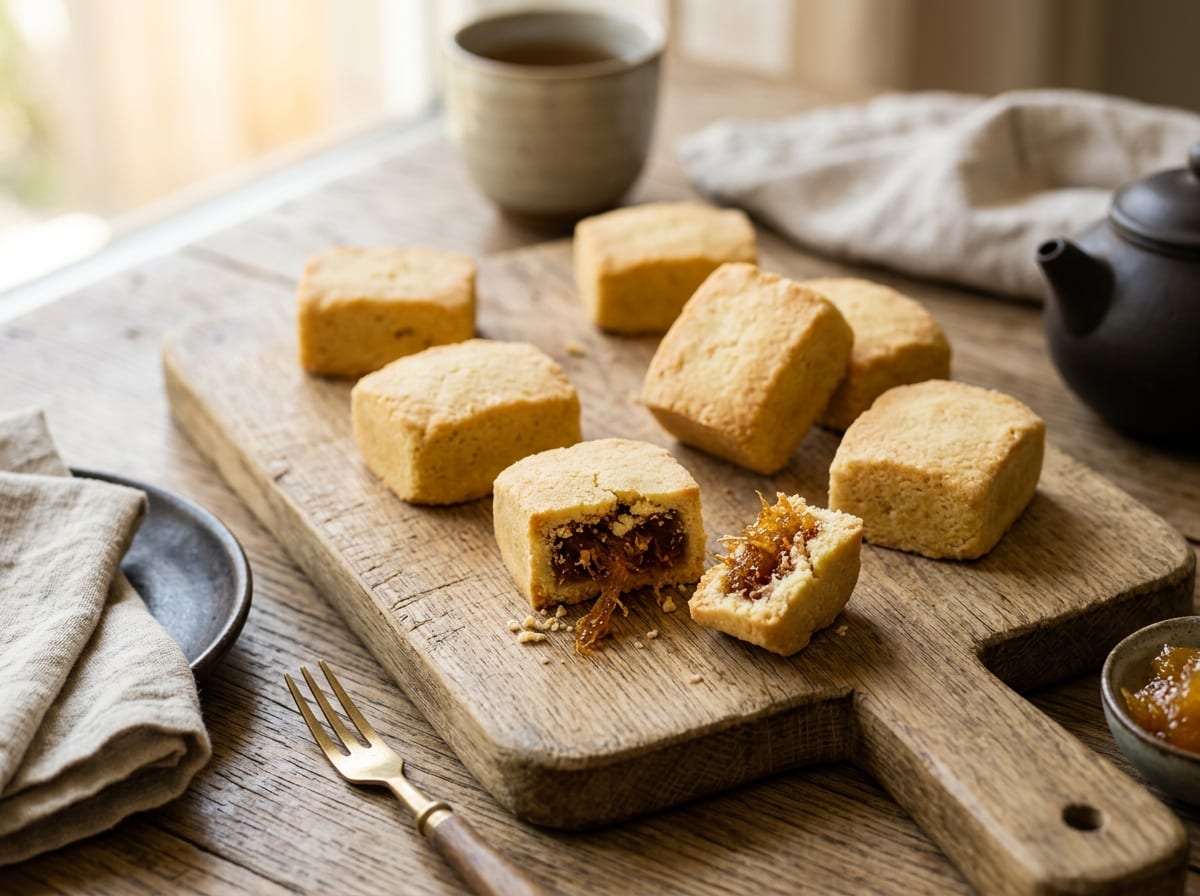 Small rectangular Taiwanese pineapple cakes stacked on a plate, golden crumbly crust, a few cut open to show the amber pineapple jam filling