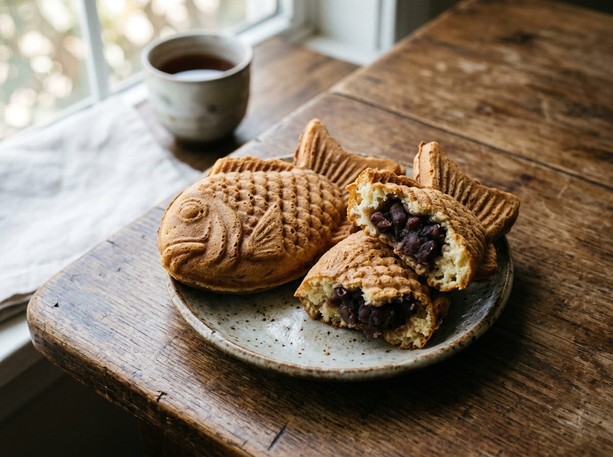 A pair of golden-brown fish-shaped taiyaki split open to show the steaming red bean paste inside, resting on a wire rack