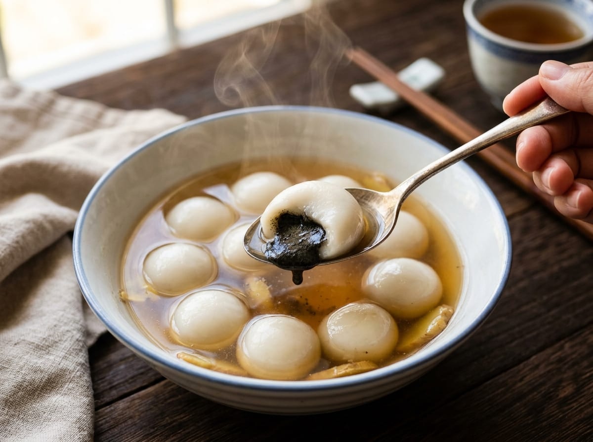 A bowl of tang yuan, plain and black sesame-filled glutinous rice balls, in clear ginger syrup, one ball broken open to show the dark filling