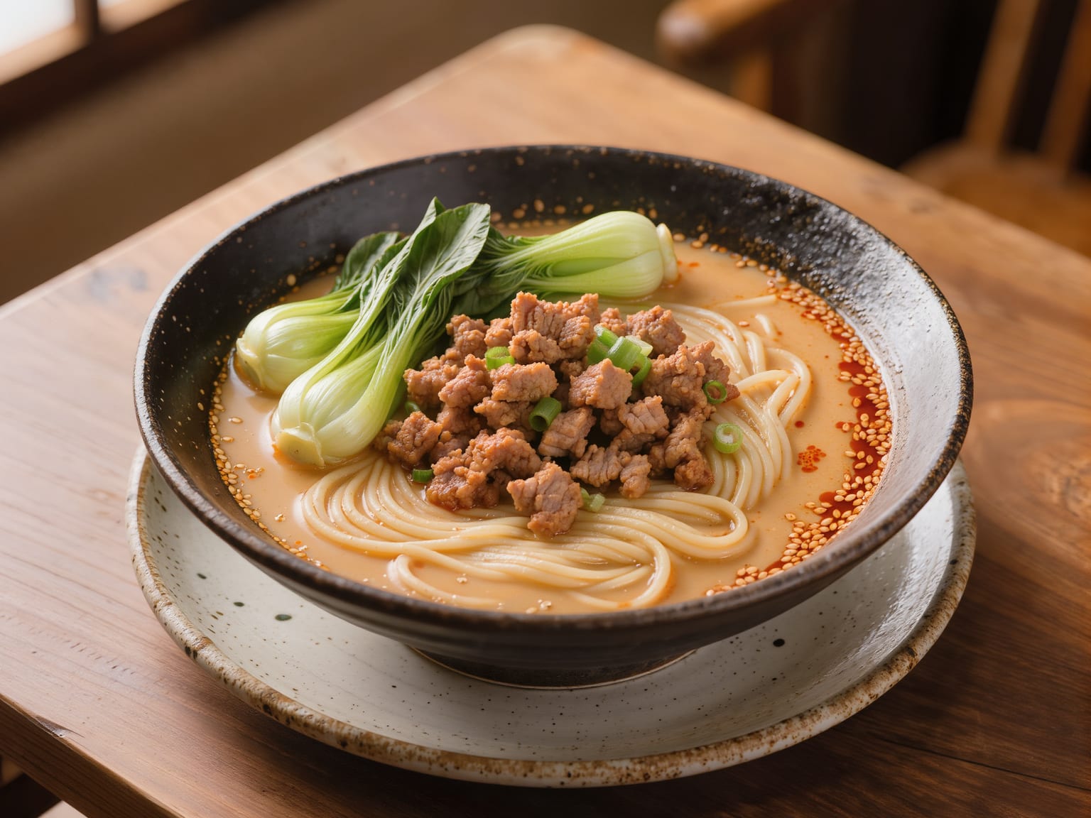 A creamy sesame ramen topped with crispy chili pork, wilted greens and scallions