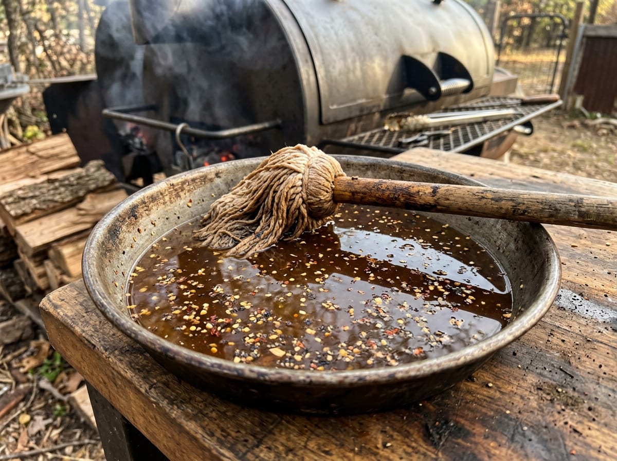 Eine Pfanne mit dünner dunkelbrauner Mop-Sauce, in der grober Pfeffer und Chiliflocken schwimmen, ein Baumwoll-Mop liegt quer über dem Rand